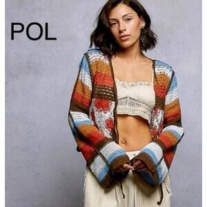 New Pol Fits S To L OS  One Size Multi Crochet cardigan Top Jacket Tie In Front